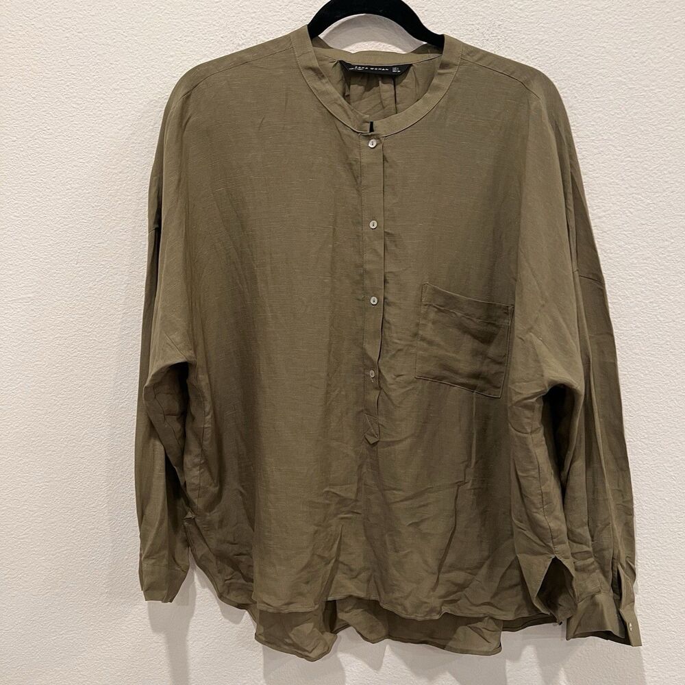 Zara Woman Olive Green Tunic Top Linen Blend Sz L bohemian lagenlook minimalist